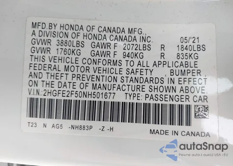 2022 Honda Civic Sport from USA, damaged, VIN 2HGFE2F50NH501677